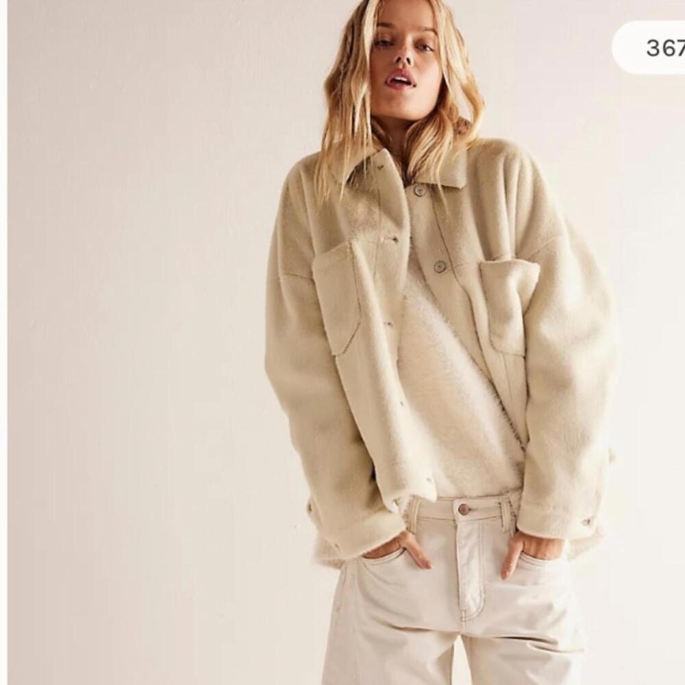 We The Free Cozy Opal Swing Faux Fur Jacket in Frozen Dew Ivory Beige, Size L